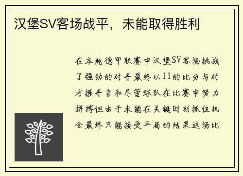 汉堡SV客场战平，未能取得胜利