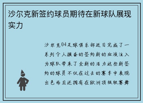 沙尔克新签约球员期待在新球队展现实力