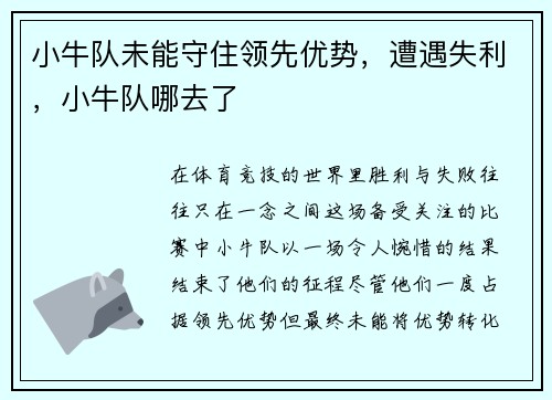 小牛队未能守住领先优势，遭遇失利，小牛队哪去了