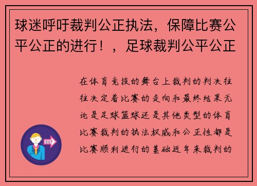 球迷呼吁裁判公正执法，保障比赛公平公正的进行！，足球裁判公平公正