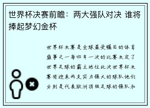 世界杯决赛前瞻：两大强队对决 谁将捧起梦幻金杯