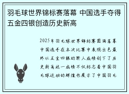 羽毛球世界锦标赛落幕 中国选手夺得五金四银创造历史新高